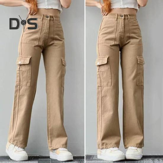 Women Cargo Pants Mid-rise Button Zipper Waist Casual Trousers with Multi Pockets Straight Leg Loose Fit Solid Color Long Pants