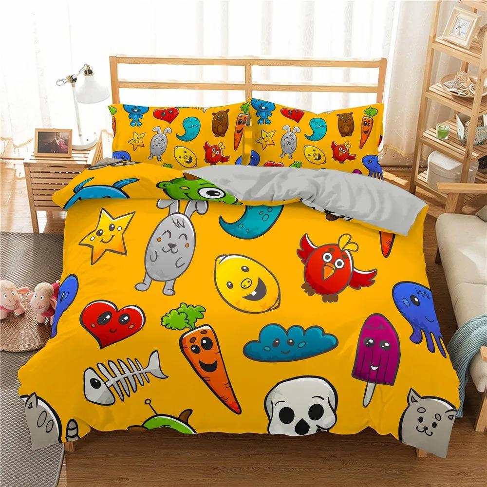 Fashion Bedding Set Cartoon Graffiti Polyester Duvet Cover Pillowcase Single King Double Full Queen Size Polyester Quilt Cover