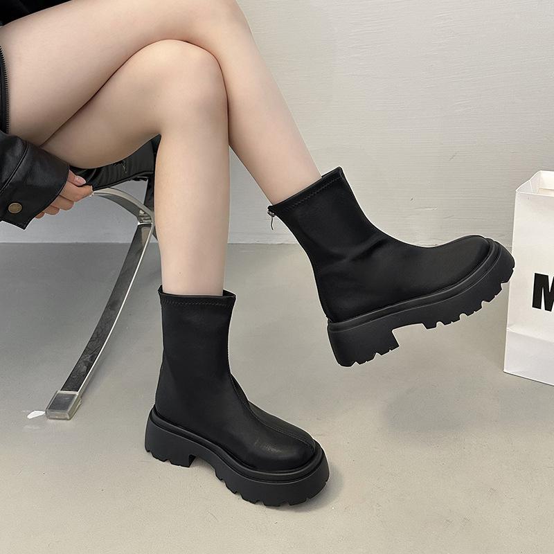 Retro Short Martin Boots Women's 2025 New Thick-soled Heightening Versatile Rear Zipper Elastic Thin Boots