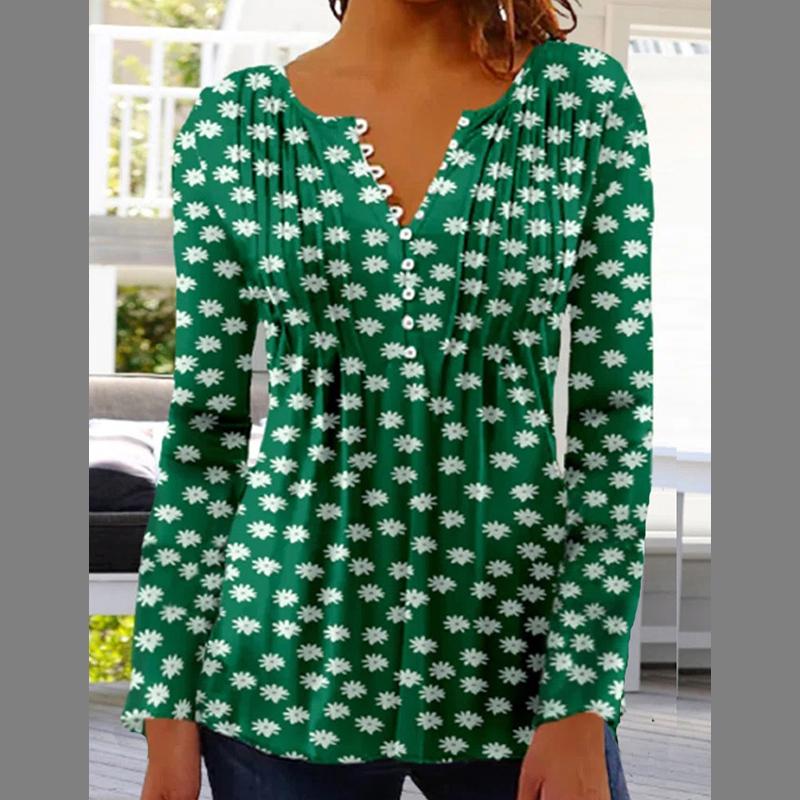 European and American Spring and Summer Fashionable Women's Floral Print V-neck Short Sleeved Pleated Button T-shirt with A Base