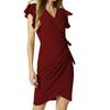 Women's Dress Temperament V-neck Waisted Drawstring Pleated Flared Sleeve Hip Package Slim Dresses