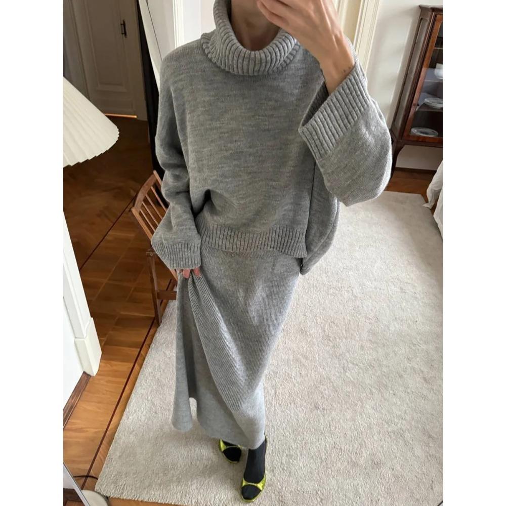 Women's Knitted Turtleneck Sweater Skirt 2- Piece Set  Autumn Winter Loose Knit Outfit Casual Warm Suit