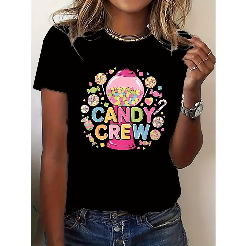 

Sweet and Dreamy Casual Women s Short-sleeve T-shirt - Candy Crew Print, Comfortable and Breathable, Perfect Fit, Simple Round Neck Design 4XL чорний