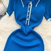 Neue Sommer Damen Polo Strickkleider Colorblock Elegante Kurzarmknöpfe Bodycon Wickelkleid Damenkleid