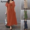 Summer  Cotton Linen Loose Casual Solid Pocket Dress Women's Clothing
