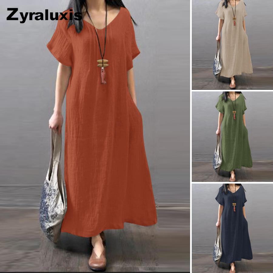 Summer Cotton Linen Loose Casual Solid Pocket Dress Women's Clothing