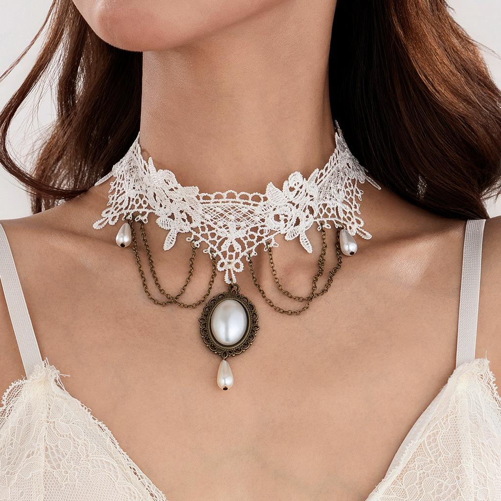 Pendentif Pierre Précieuse Imitation Perle Vintage Chaîne de Cou en Dentelle Choker Chaîne Métallique Personnalisée Collier à Franges