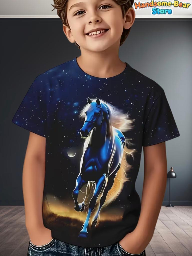 Children's Clothing Boys T-Shirt 3D Horse Print Short Sleeve Fashion Kids Summer Clothes Casual Child Girls Clothing O-Neck Tops