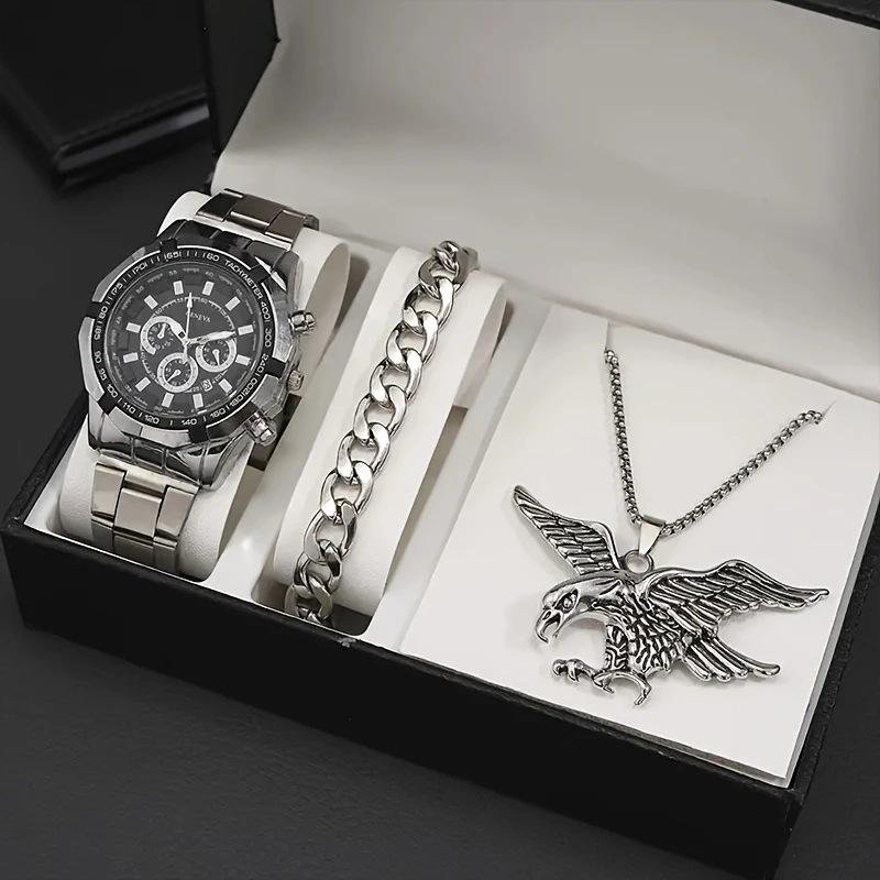 Men's 3-Piece Business Gift Set: Watch, Bracelet, and Necklace for Holidays or Birthdays