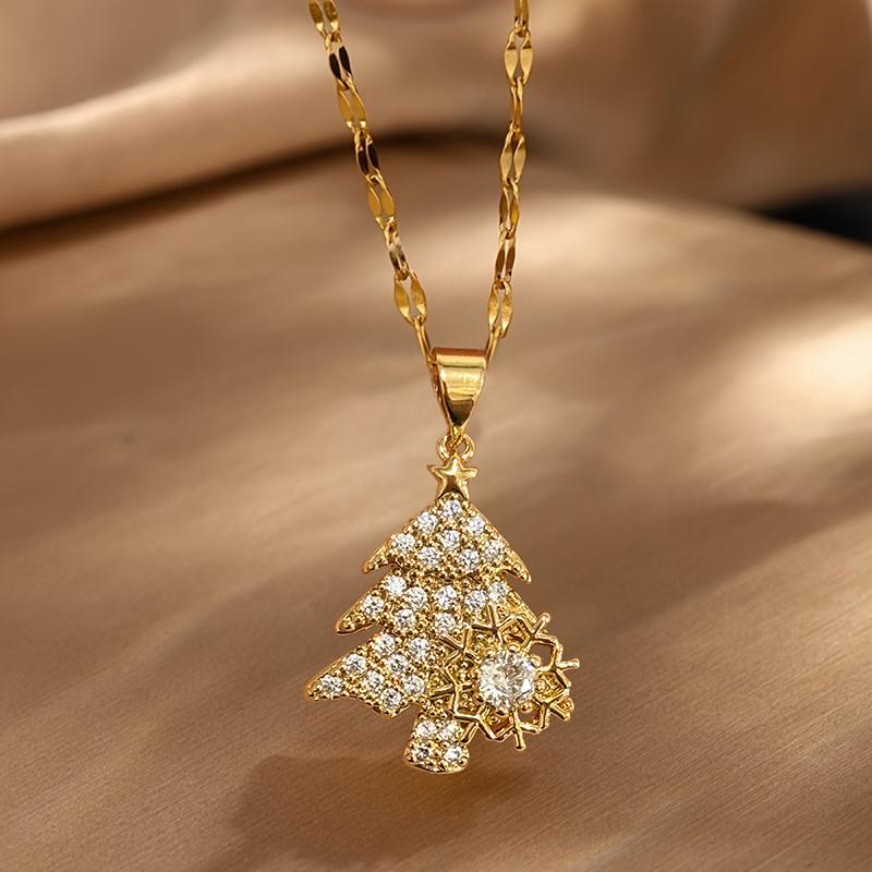 Huitan Sparkling Cubic Zirconia Christmas Tree Snowflake Pendant Necklace for Women Festival Luxury Party Aesthetic Jewelry GiftGood Product