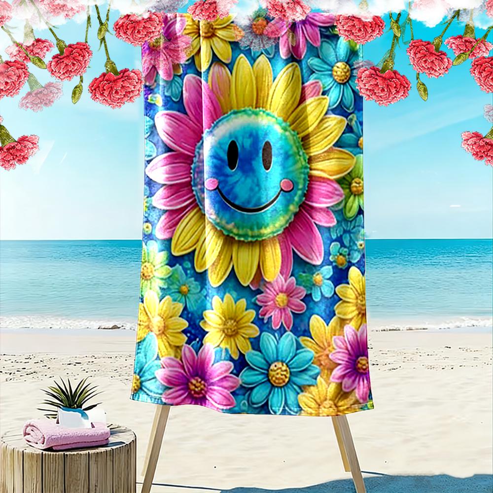 Smiley Face with Colorful Flowers Design Beach towel quick-drying for travel outdoor sports jogging beach and swimming