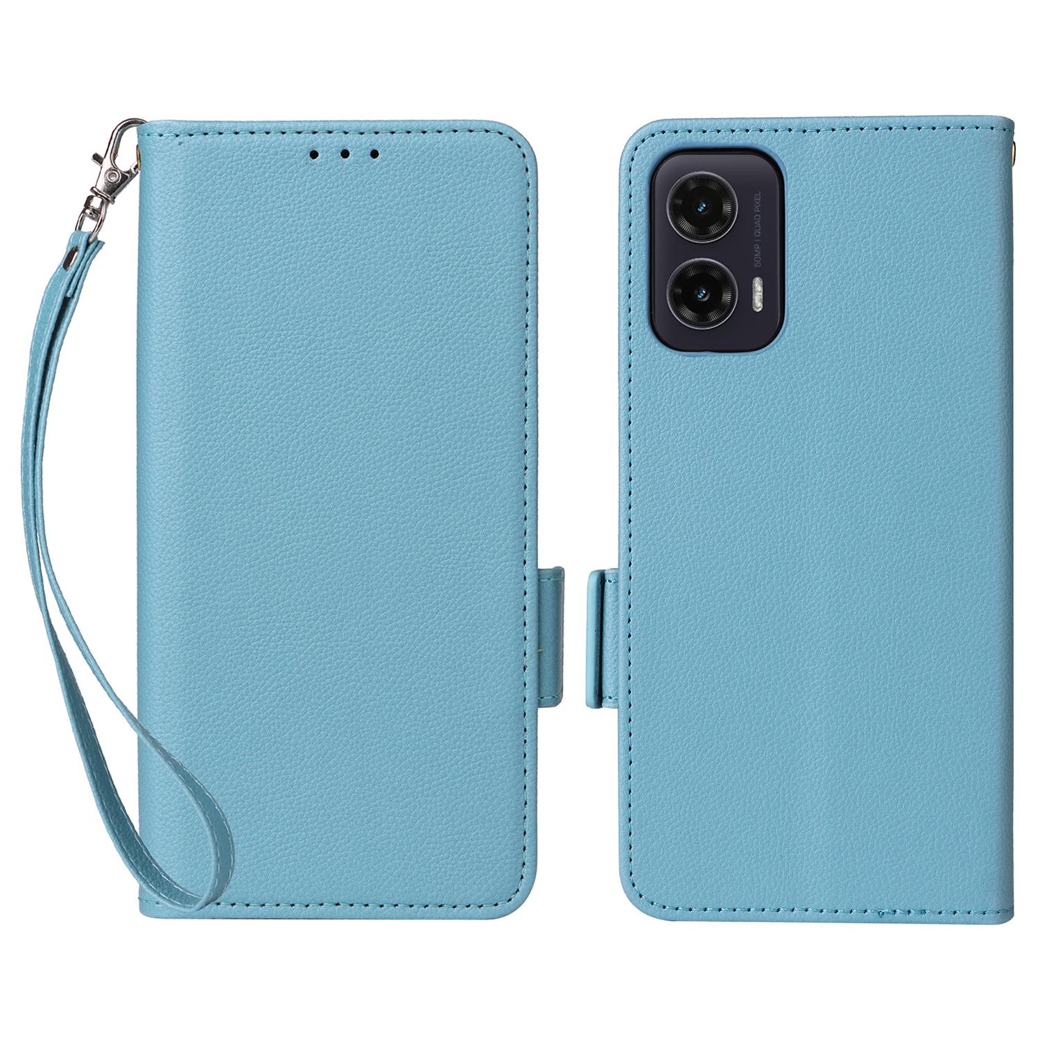 

For Motorola Moto G35 5G Case with Wrist Strap Litchi Texture PU Leather Wallet Phone Cover Baby Blue