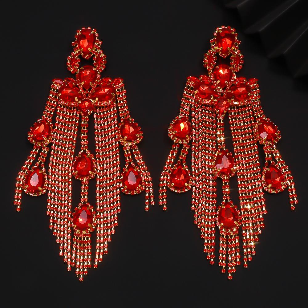 

Stonefans Red Tassel Earrings Long Dangle Sparkly Elegant for Women Bohemian Exaggerated Jewelry Luxury Crystal Accessories Gift