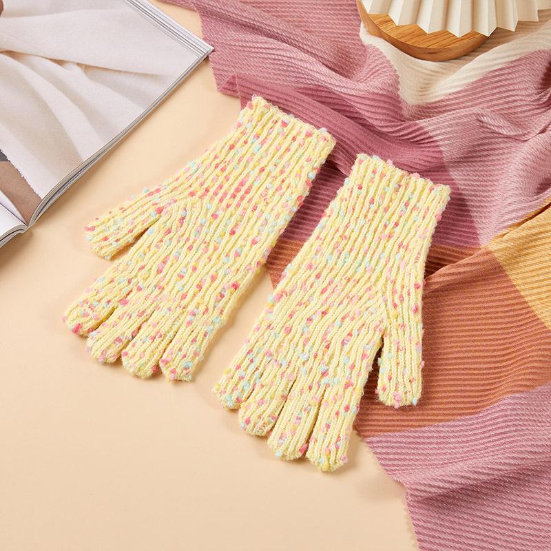New Knitted Gloves for Women with Velvet Candy Color Warm and Cold-proof Fashion Finger Revealing Korean Gloves