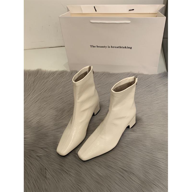 Kurzstiefel mit eckiger Spitze für Damen, dicker Absatz, Herbst und Winter 2025, neue vielseitige französische dünne Stiefel, Reißverschluss hinten, hoher Absatz, elastische Stiefel