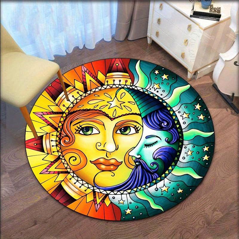 

Colorful Sun Moon Face Round Rug Artistic Abstract Design Vibrant Rainbow Pattern Boho Style Home Decor Floor Mat 120cm