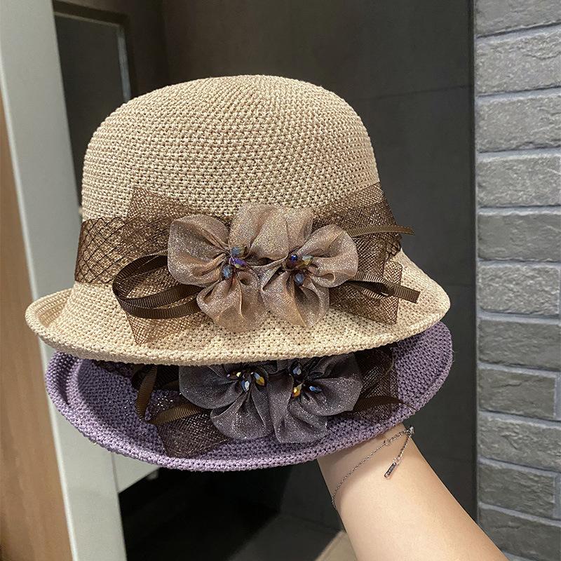 Fashion British flower top hat women's summer sunshade sunscreen hat French crimped sun hat outdoor mesh basin hat