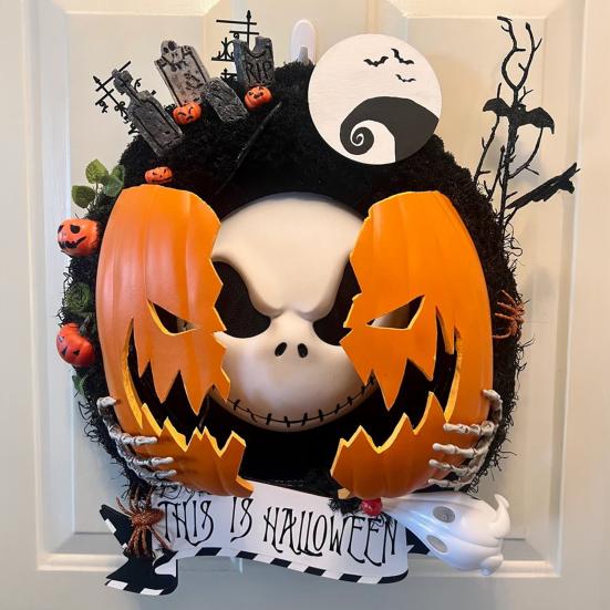 Nightmare Pumpkin Wreath Halloween Gothic Pumpkin Ghost Hanging Door Sign for Front Door Haunted House Decoration