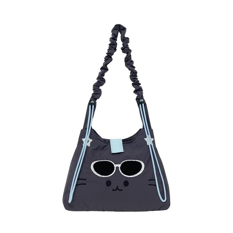 Korean Style Embroidered Cat Shoulder Bag With Nylon Material For Casual Daily Use