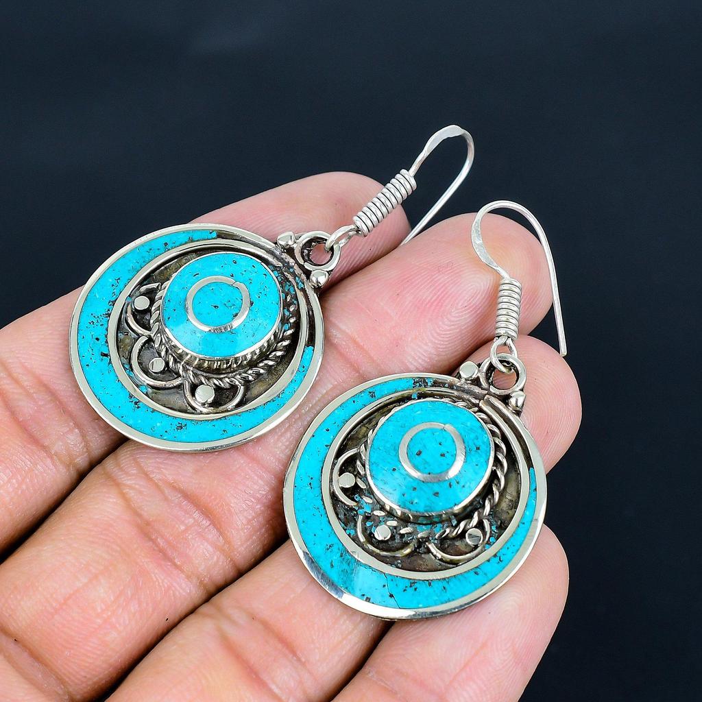 Boucles d'oreilles Turquoise Dormante Argent Sterling 925 Boucles d'oreilles Argent Tibétain Boucles d'oreilles Faites Main Bijoux Tibétains Tribaux Ethniques Pendentif Népalais Cadeaux Pour Maman