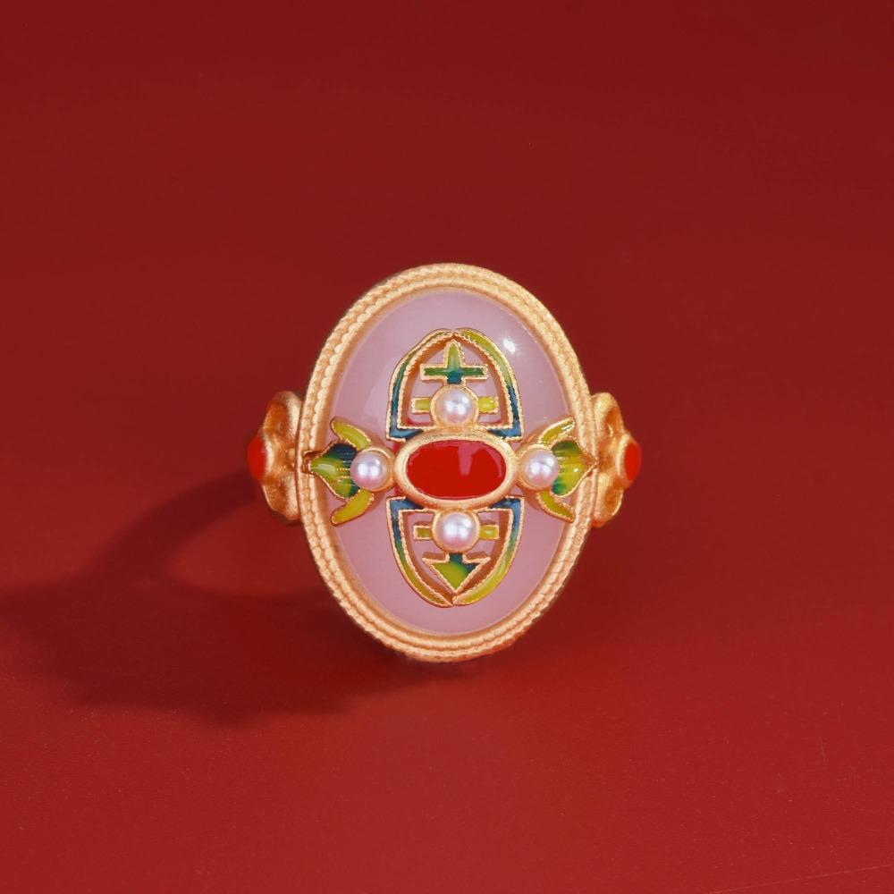 

Handmade Gold Plated Open Ring with Enamel Painted Faux Hetian Jade Exquisite Vintage Jewelry for Women Adjustable золотой