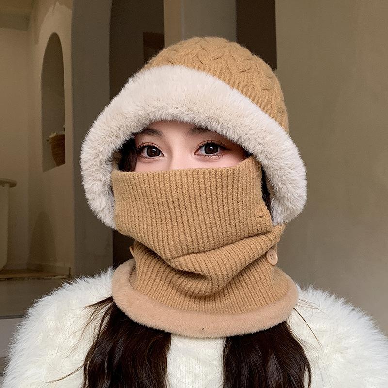 Winter Button Connected Hat Korean Version Neck and Ear Protection Knitted Warm Hat Outdoor Cycling Hat