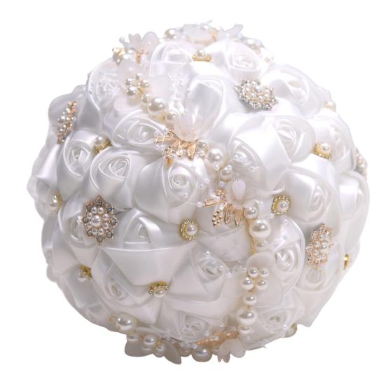Lightweight Handheld Wedding Flowers Artificial Silk Rose Bridal Bouquet with Chiffon Ribbon, Toss for Ceremony, Vintage Style Floral Keepsake