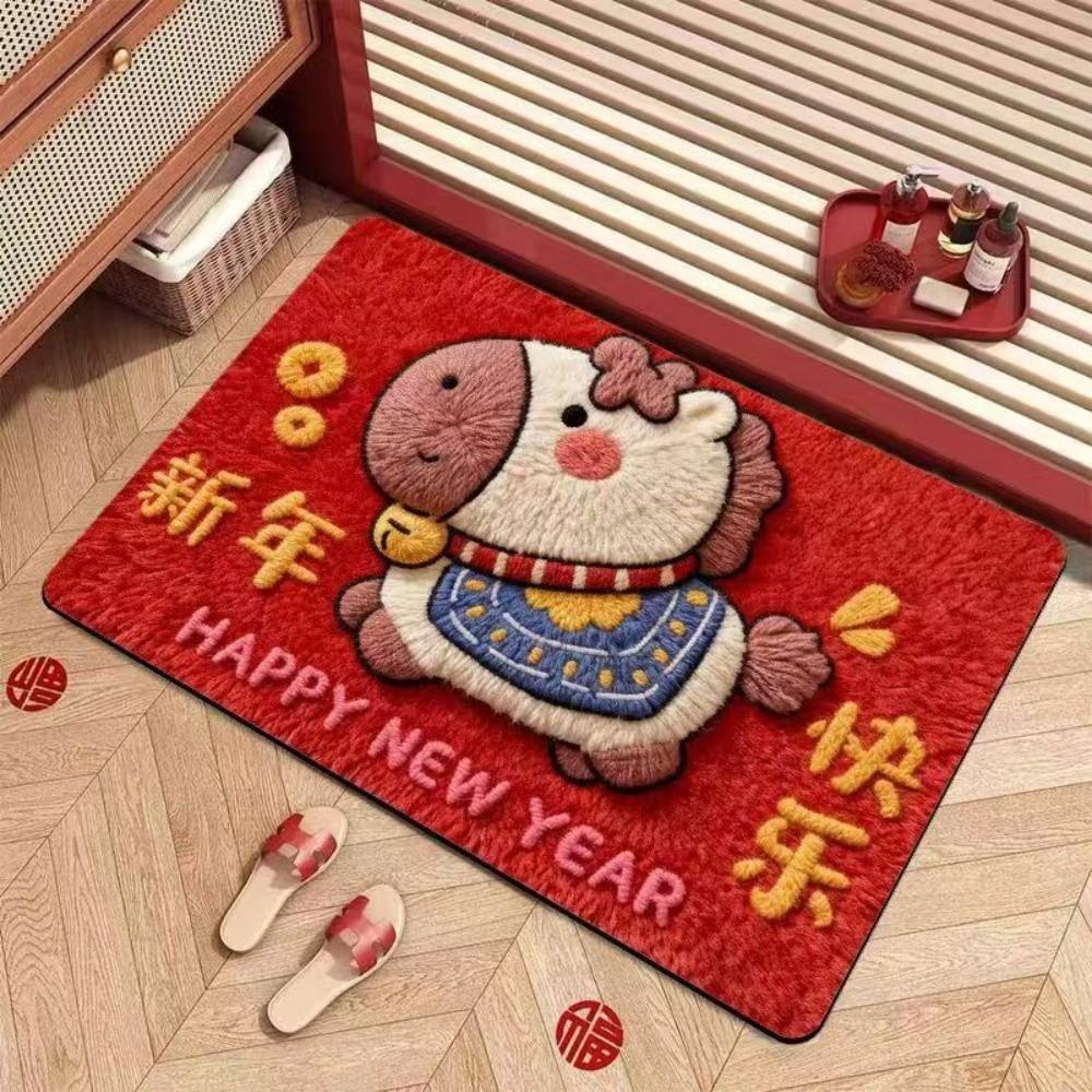 

Cute Horse Pattern New Year Door Mat Red Non-slip Door Carpet Quick Dry Soft Bath Mat for Floor Protection