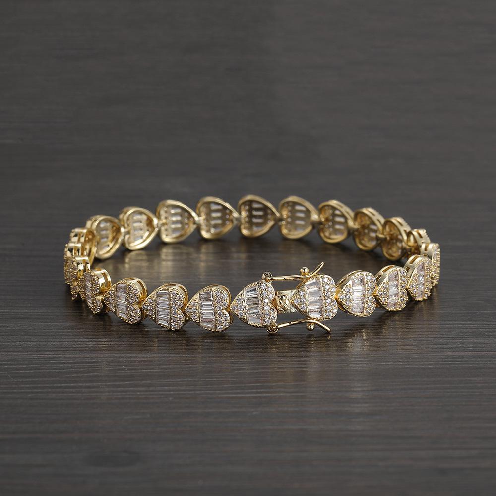 European and American Hip-hop Jewelry New, Love Zircon Bracelet Men's and Women's Bracelet Couple Stacked Wind Tennis Chain Heart Shape