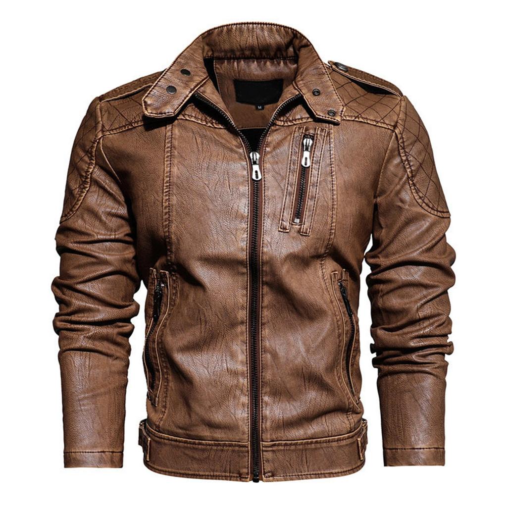 Men's Retro Motorcycle Leather Jacket Stand Collar Slim Fashion Plush Leather Jacket