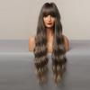 Long Wavy Ombre Dark Brown Wigs for Women Cosplay Daily Hair Wig with Bangs High Temperature Fiber