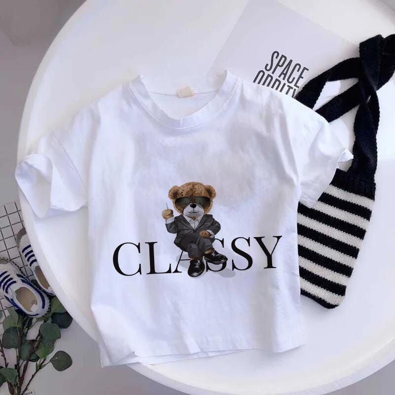 Girls Fashionable Pure Cotton TShirt with Teddy Bear Cartoon Pattern Summer Clothing Fun Childrens Wear Y2K Style