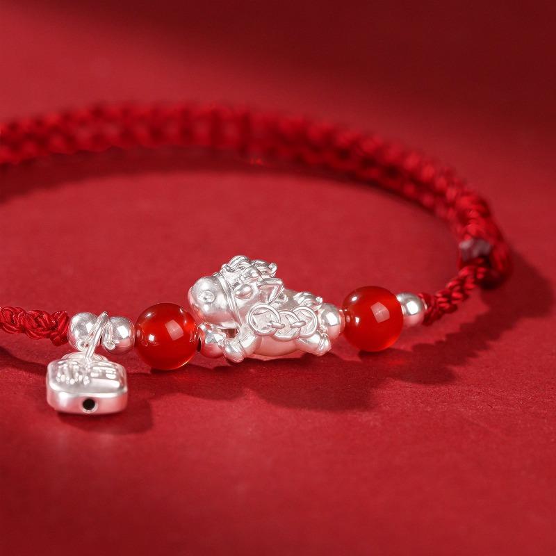 Benfu Horse2026Pure Silver Zodiac Horse Red Agate Bracelet with Red Rope, Exquisite and Unique Gift