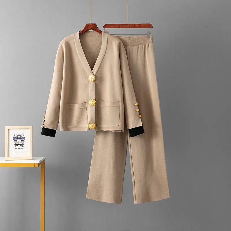 

Cross-Border European and American Big Button Knit sweater Two-piece Set Women New Loose Casual Wide-Leg Pants Set Trendy Khaki All yards