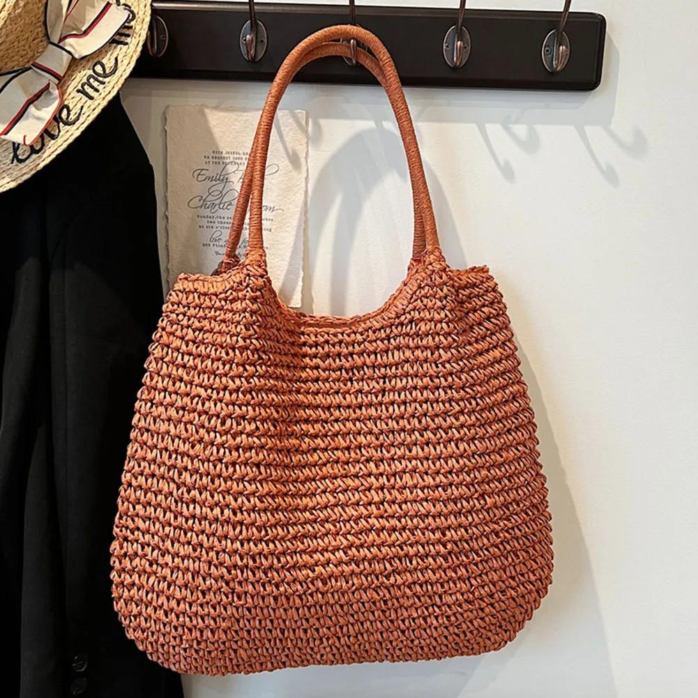Women Straw Tote Handbag Large Capacity Vintage Shoulder Bag Solid Color Crochet Beach Handbag Ladies Summer Daily Bag