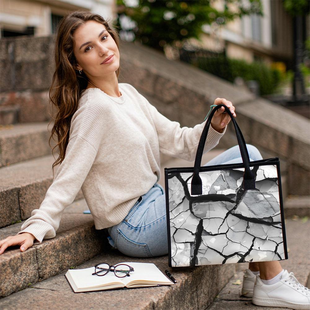 Crack Pattern Canvas Tote Bag Casual Large Capacity Shoulder Handbag for Daily Shopping Commute