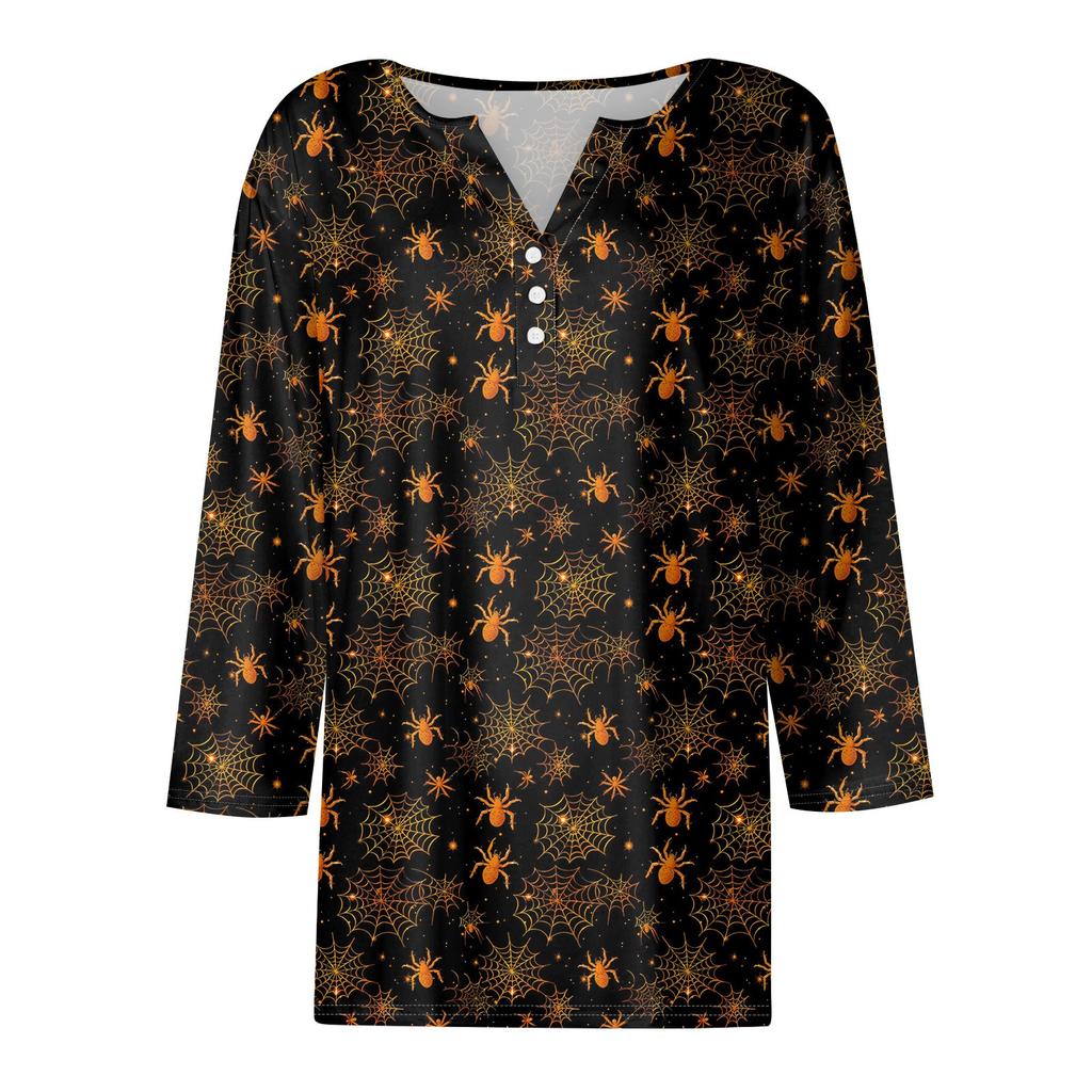Women's Fashion Casual Halloween Printed V.Neck Short Sleeve Decorative Button Three.quarter Sleeve T-shirt Tor