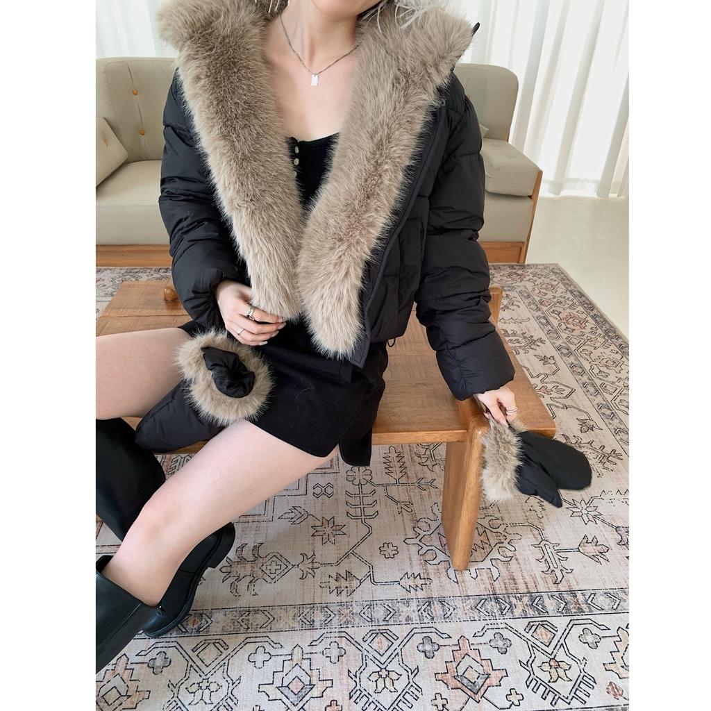 British style new thickened large fur collar warm cotton clothes women's fashion gloves short cotton-padded coat