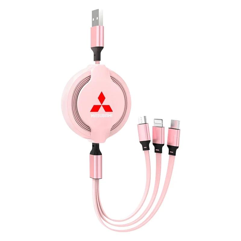 1Pcs 3 in 1 USB Car Charging Cable Retractable Charger Cable For Mitsubishi Lancer ASX Outlander Pajero Carisma L200 Galant EVO
