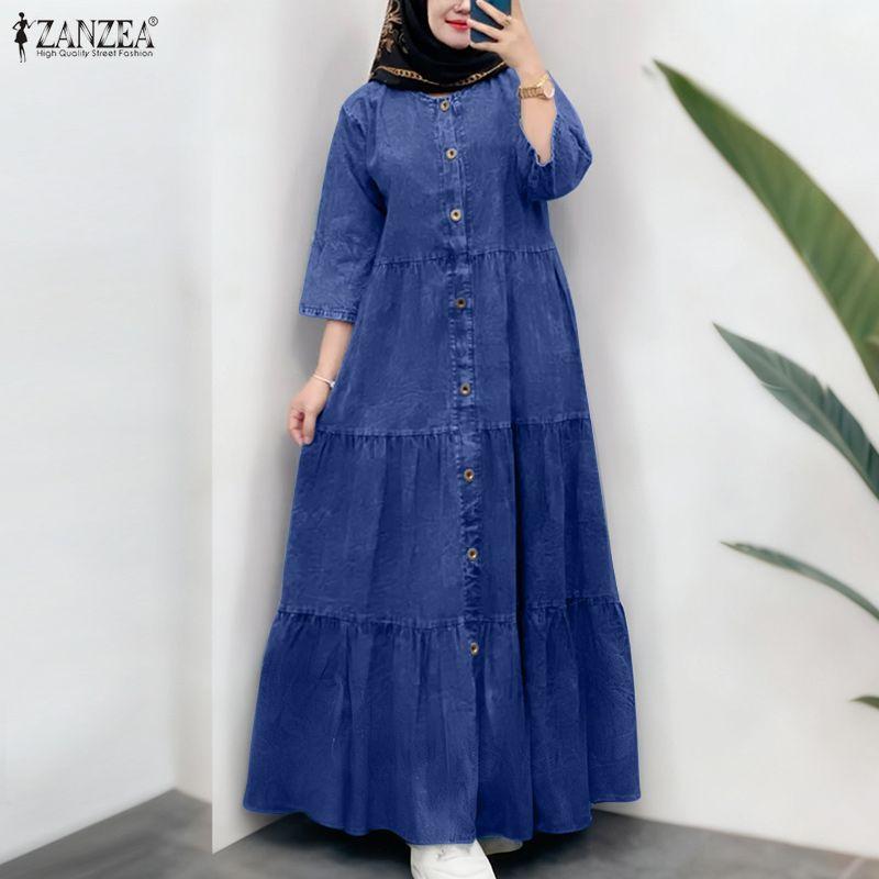 ZANZEA Women Round Neck 3/4 Sleeve Loose Casual Long Dress