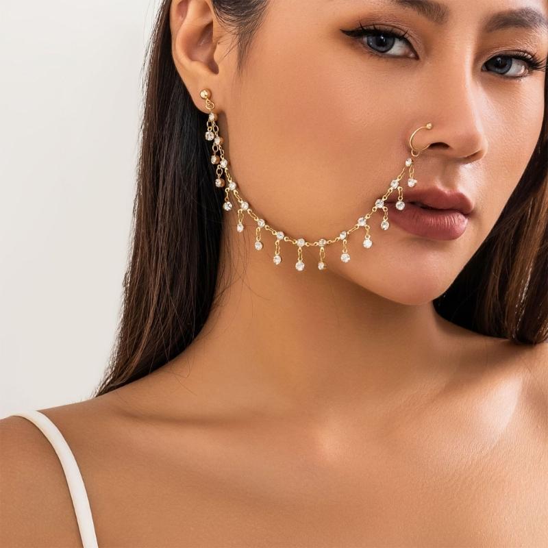 Elegant Rhinestones Fringe Chain Ear Stud Nose Clip Elegant Fake Nose Clip Jewelry Punk Earrings Chain for Women Girl