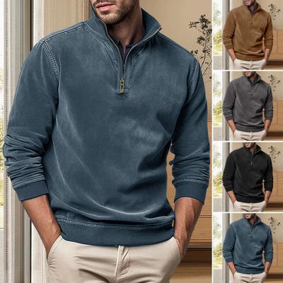 Men Spring Fall Shirt Zippered Stand Collar Solid Color Pullover Long Sleeves Mid Length Business Style Top Casual Daily Clothes
