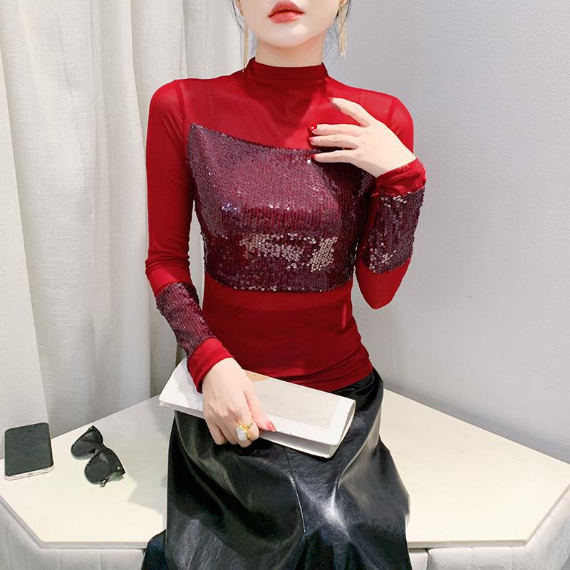 European Style 2024 Sequin Slim Fit Long Sleeve T-shirt for Women