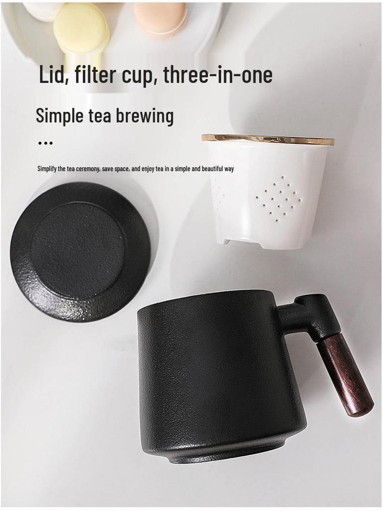 Wooden Handle Ceramic Filtered Tea Cup with Gift Box