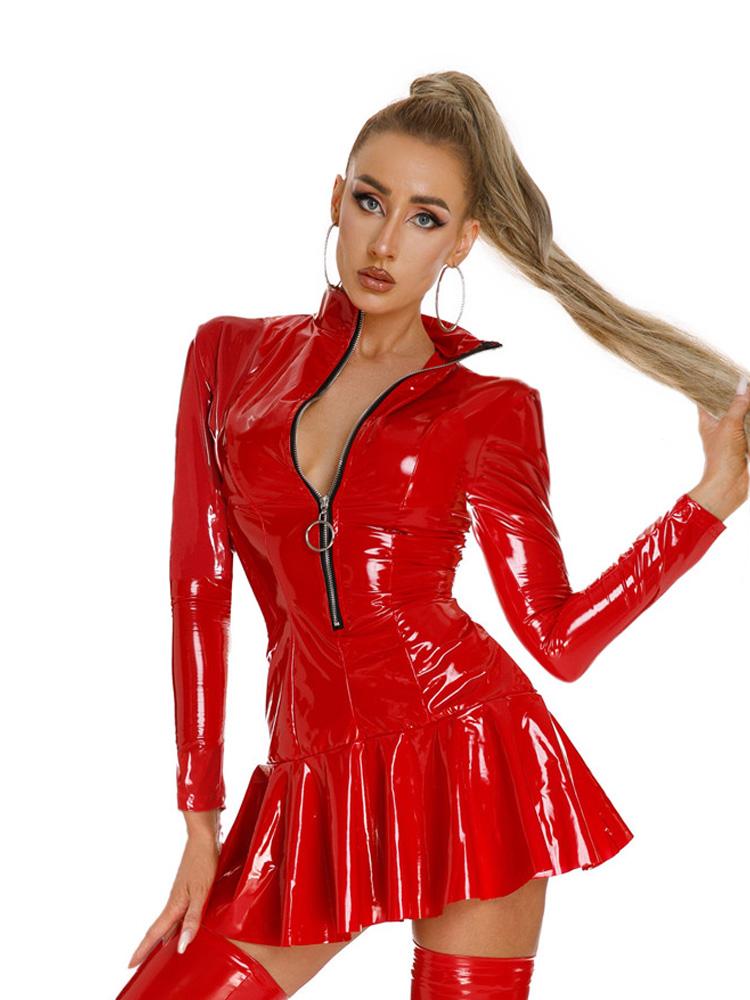 Sexy Women Pu Pvc Latex Pleated Micro Mini Dress Wetlook Tights Dress Sweat Uniform Maid Dress Stage Ruffled Dress Long Sleeve S