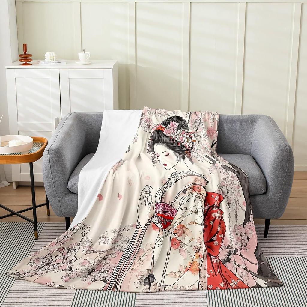 Series of Japanese Geishas Digital-printed Polyester Bedroom Velvet Flannel Cover Blanket Fleece Soft Cover Blankets for Beds