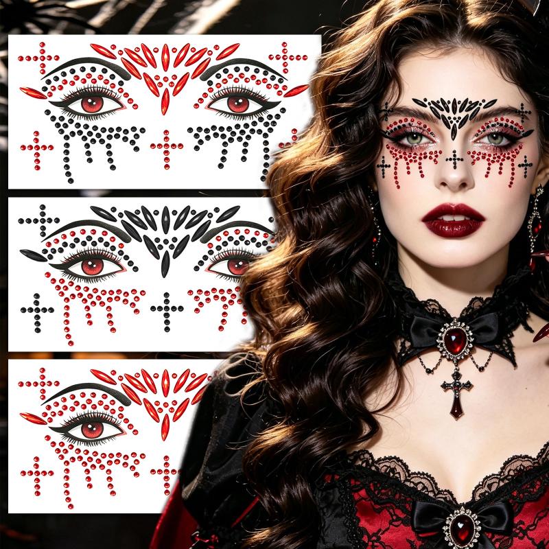 1Pcs Halloween Face Stickers Red Black Spider Web Cross Scar Self-Adhesive Gem Decals Horror Cosplay Makeup Ornament