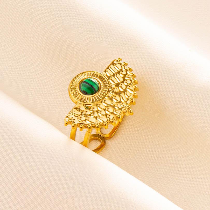 Green Striped Stone Vintage Gold Color Stainless Steel Open Adjustable Rings For Women Men Accessories Finger Jewelry Sun Flower