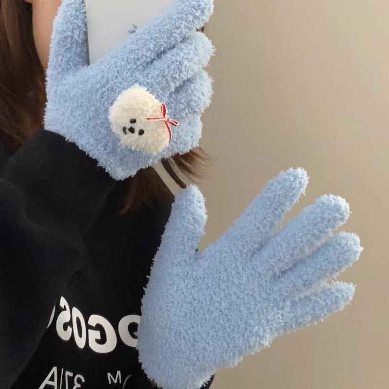 Cute Curly Dog Red Apple Gloves Plush Coral Fleece Cold-Proof Gloves Student Winter Warm Five-Finger Gloves Girl Christmas Gifts