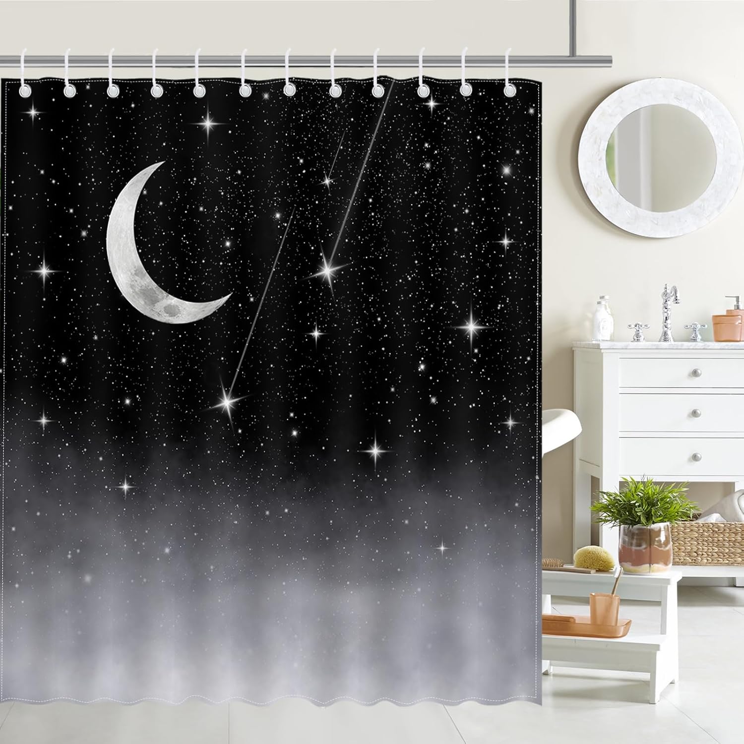

Mocsicka Moon & Star Shower Curtain - Night Sky Design, Black Waterproof Fabric, 72x72In, 12 Hooks, Bathtub Decor W90XH180cm